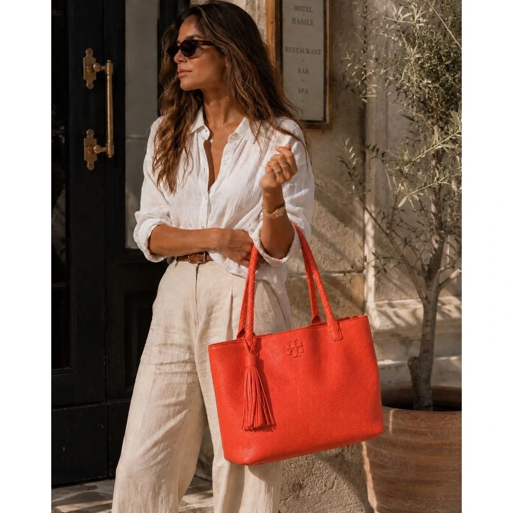 Tory Burch Taylor Tote Bag Coral Red Pebbled Leather Purse Tassel Dust Bag